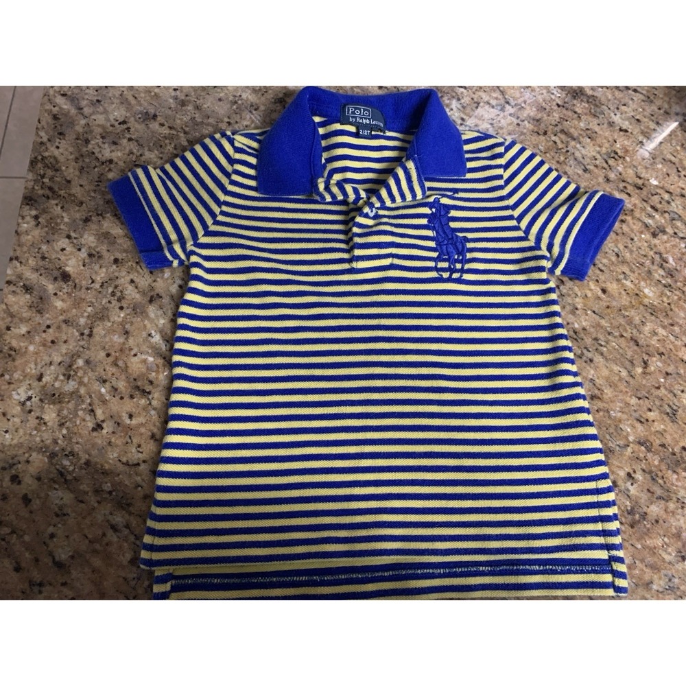 Ralph Lauren Polo Shirt Boys 2T Blue Yellow Stripe Big Pony Short Sleeve Shirt